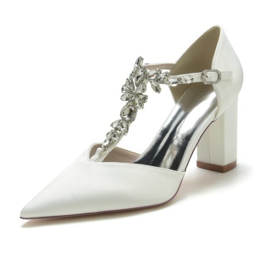 Women's Wedding Shoes Pumps Bridal Shoes Rhinestone Chunky Heel Pointed Toe Luxurious Satin Buckle T-Strap Wine Black White 2025 - Image 4