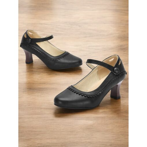 Women's Vintage Green Faux Leather Mary Jane Heels with Scalloped Edge and Button Detail - Comfortable Low Heels for Work, Formal Events and Retro St - Image 5