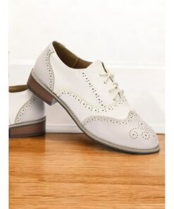 Women's Cream and White Faux Leather Brogue Oxford Shoes with Lace-Up Closure - Vintage-Inspired Formal Footwear 2025