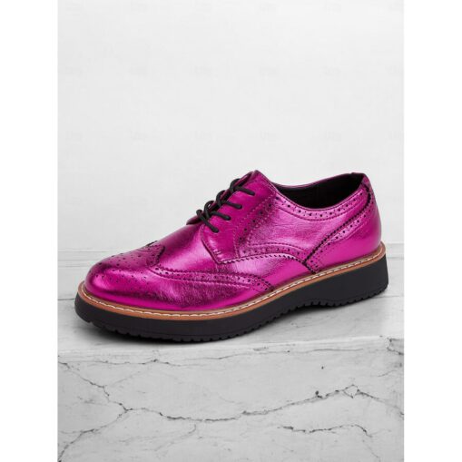 Women's Metallic Pink Brogue Oxford Shoes with Wingtip Design, Lace-Up Casual Dress Shoes for Parties and Fashion Events 2025