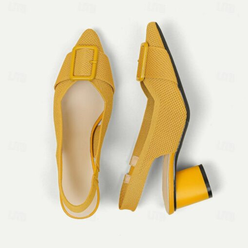 Women's Heels Plus Size Flyknit Shoes Wedding Outdoor Office Striped Buckle Block Heel Pointed Toe Fashion Classic Comfort Walking Knit Loafer Almond - Image 4