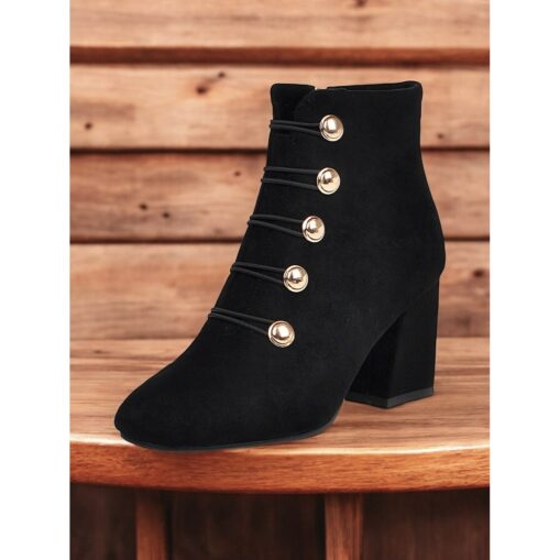 Women's Burgundy Ankle Boots – Suede Block Heel with Gold Button Embellishments, Lace-Up Design, Perfect for Autumn and Winter Outfits 2025 - Image 2