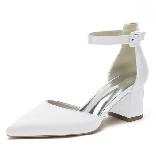 Wedding Shoes for Bride Bridesmaid Women Peep Toe White Ivory Blue Silver Gold Black Green Satin Pumps Block Heel Ankle Strap Wedding Party Valentine' - Image 2