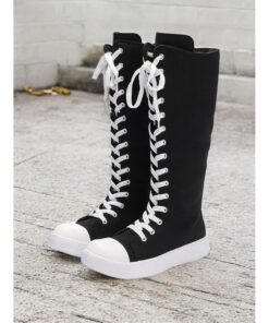 Women's Black Canvas Knee-High Lace-Up Boots with White Sole – Retro-Style Casual Footwear for Everyday Wear and Street Fashion 2025