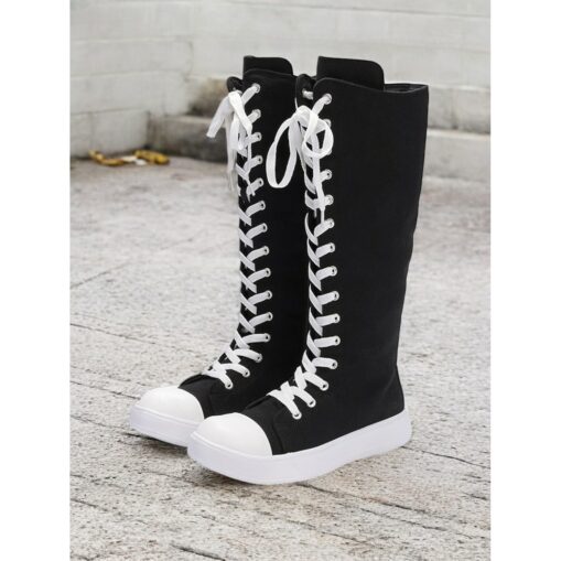 Women's Black Canvas Knee-High Lace-Up Boots with White Sole – Retro-Style Casual Footwear for Everyday Wear and Street Fashion 2025
