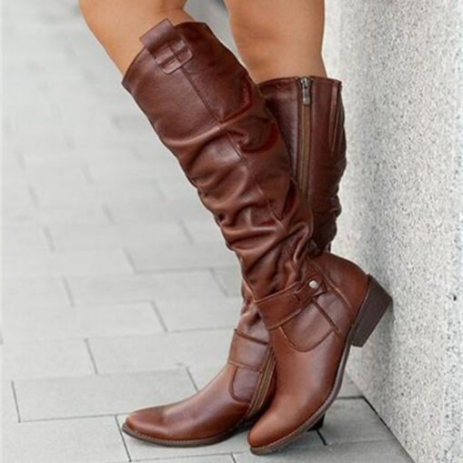 Women's Slouchy Suede Knee-High Boots with Buckle - Casual Flat Heel for Everyday & Fall Fashion 2025 - Image 3