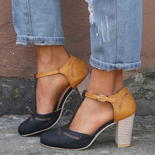 Women's Blue and Yellow Two-Tone T-Strap Heeled Shoes for Vintage and Casual Wear 2025 - Image 2