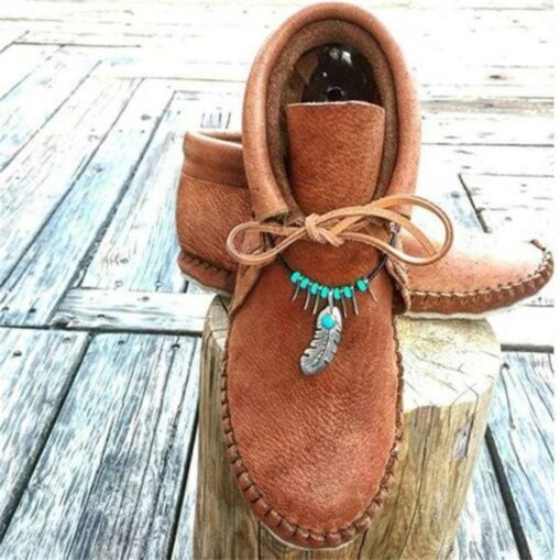 Women's Faux Leather Moccasin Ankle Boots with Feather and Bead Detail, Comfortable Slip-On Casual Shoes for Outdoor and Everyday Wear 2025 - Image 2