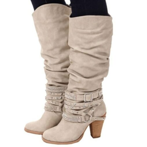 Women's Beige Slouchy Knee-High Boots with Buckle and Stud Accents, Vintage Western Style for Fall and Winter Casual Wear 2025 - Image 2