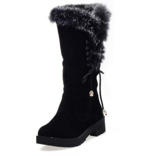 Women's Black Faux Fur Trimmed Winter Boots - Warm and Stylish, Lace-Up Design, Non-Slip Sole, Ideal for Cold Weather and Casual Wear 2025