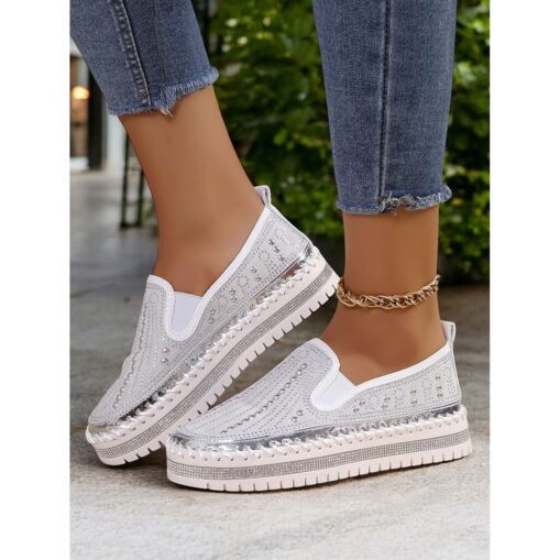 Women's Green Rhinestone Embellished Slip-On Sneakers with Chunky Sole - Glamorous Casual Shoes for Parties and Everyday Wear 2025 - Image 3