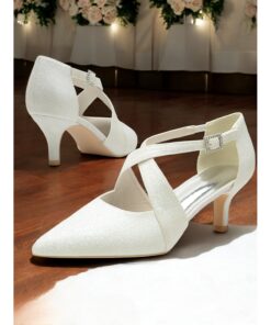 White Glitter Cross Strap Kitten Heels with Rhinestone Buckle – Elegant Women’s Shoes for Formal Events 2025