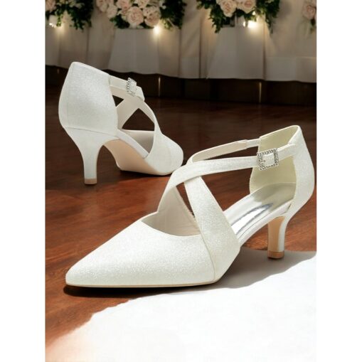 White Glitter Cross Strap Kitten Heels with Rhinestone Buckle – Elegant Women’s Shoes for Formal Events 2025