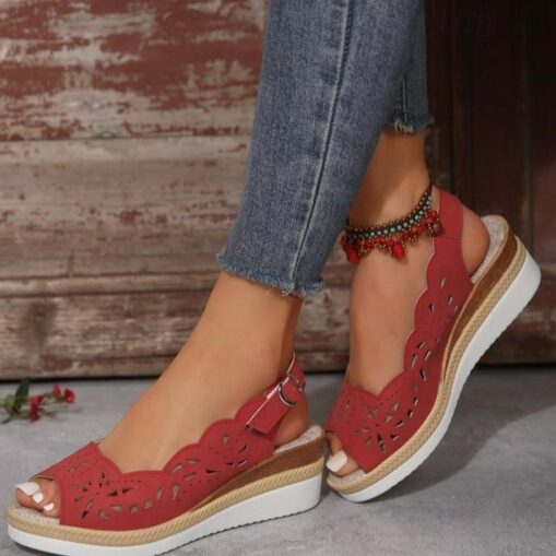 Women's Wedge Sandals Platform Sandals Openwork Hollow Out Peep Toe Slingback Strap Black Wine Brown 2025 - Image 3
