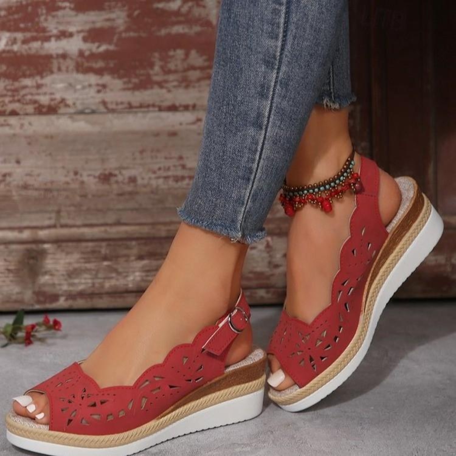 Women's Wedge Sandals Platform Sandals Openwork Hollow Out Peep Toe Slingback Strap Black Wine Brown 2025 - Image 3