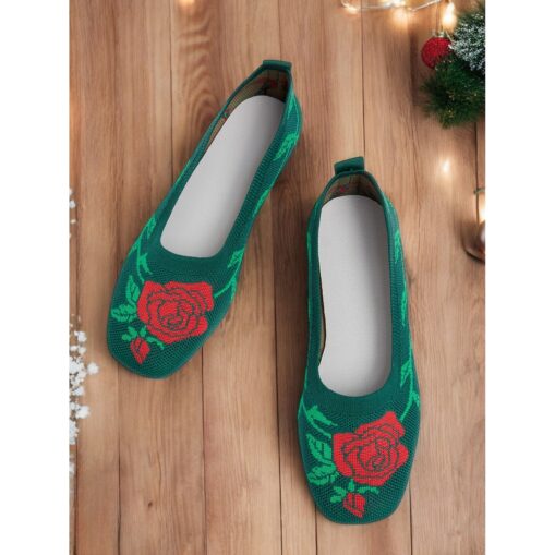 Women's Knit Ballet Flats with Red Rose Design | Comfortable and Stylish Holiday Shoes for Casual Wear 2025