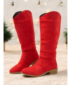 Women's Red Knee-High Suede Boots - Stylish Low Heel Western Boots for Winter & Holiday Wear 2025