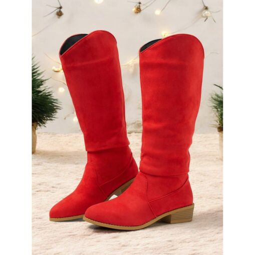Women's Red Knee-High Suede Boots - Stylish Low Heel Western Boots for Winter & Holiday Wear 2025