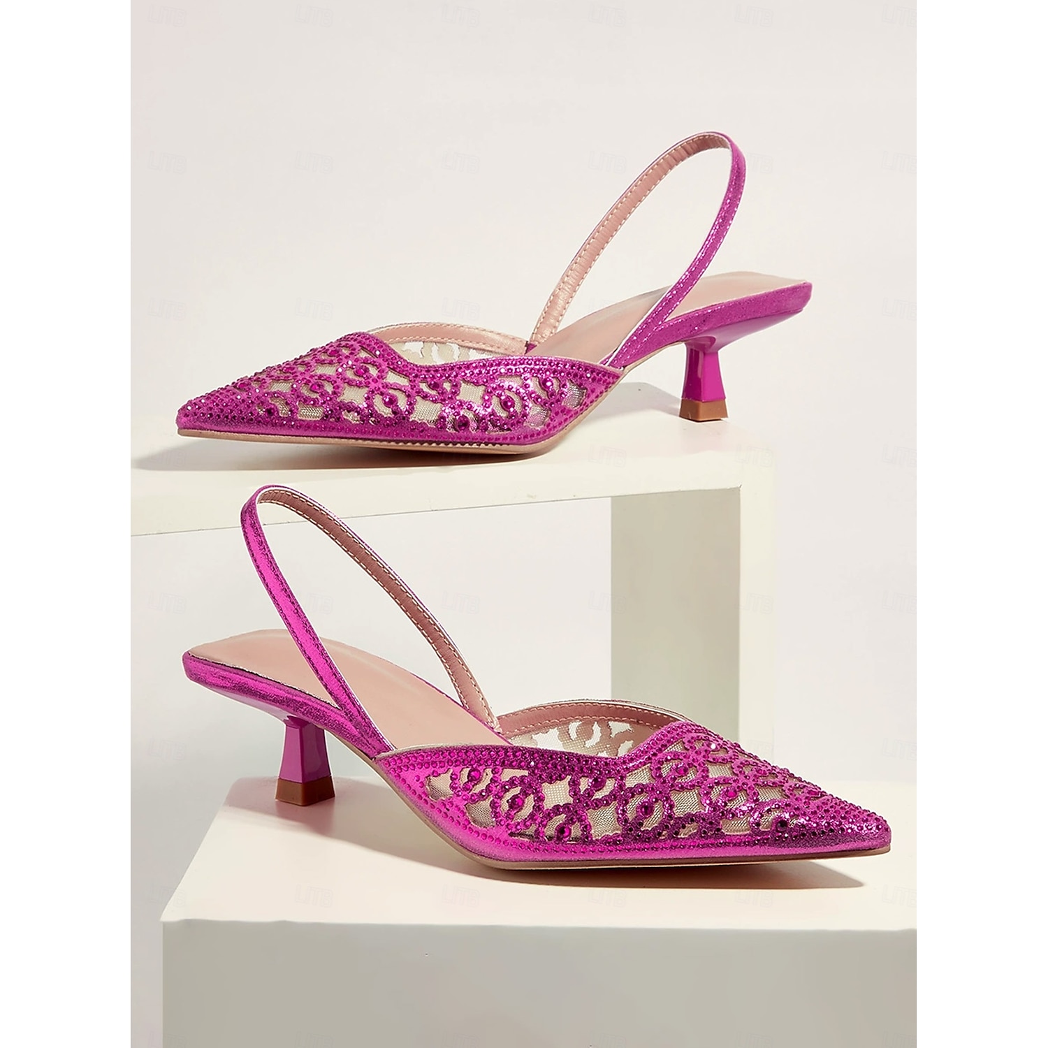Pink Glitter Mesh Slingback Heels with Cut-Out Design and Low Kitten Heels for Formal Events and wedding 2025 - Image 3