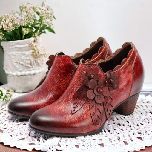 Women's Vintage Brown Premium Cowhide Leather Ankle Boots with Floral Embellishments – Retro Style for Fall and Winter 2025 - Image 2