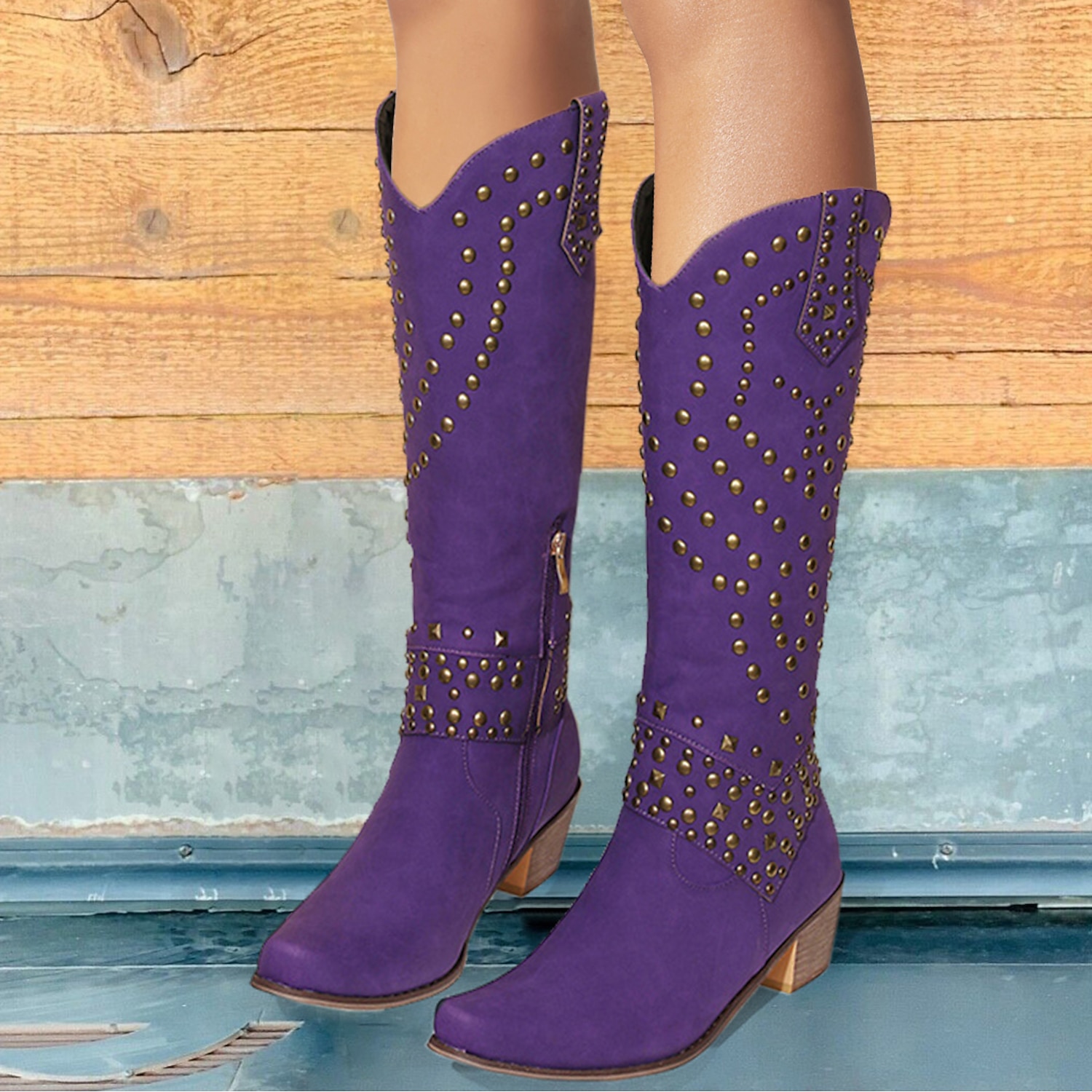 Women's Black Studded Faux Leather Knee-High Boots with Block Heels - Western Style Fashion Footwear for Fall and Winter 2025 - Image 4