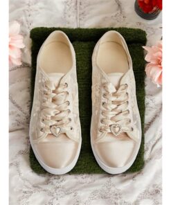 Champagne Satin Bridal Sneakers with Lace Details and Rhinestone Heart Charm - Comfortable Wedding Shoes for Women 2025
