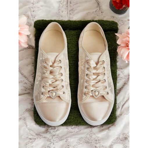 Champagne Satin Bridal Sneakers with Lace Details and Rhinestone Heart Charm - Comfortable Wedding Shoes for Women 2025