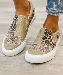 Women's Slip-On Patchwork Sneakers - Casual Leopard Print Canvas Shoes with Snake Pattern Accents for Everyday Wear 2025