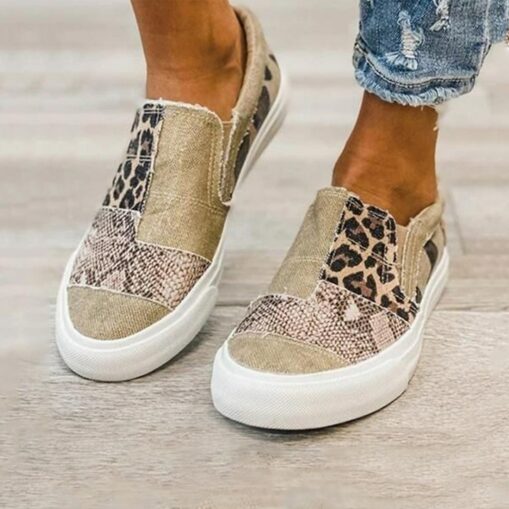 Women's Slip-On Patchwork Sneakers - Casual Leopard Print Canvas Shoes with Snake Pattern Accents for Everyday Wear 2025