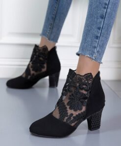 Women's Black Lace Embroidered Ankle Boots with Block Heel - Elegant Footwear for Evening Events 2025