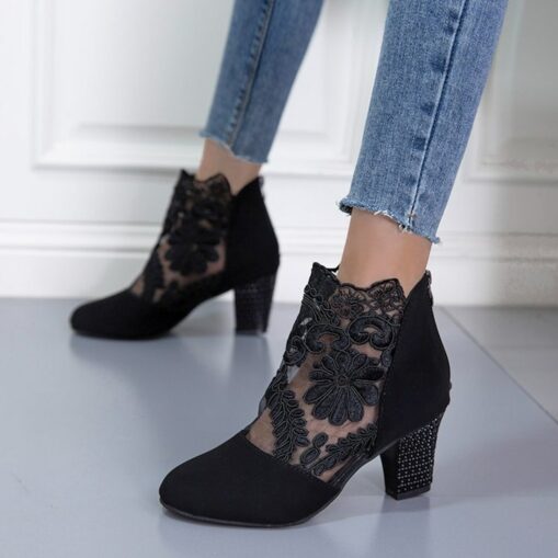 Women's Black Lace Embroidered Ankle Boots with Block Heel - Elegant Footwear for Evening Events 2025