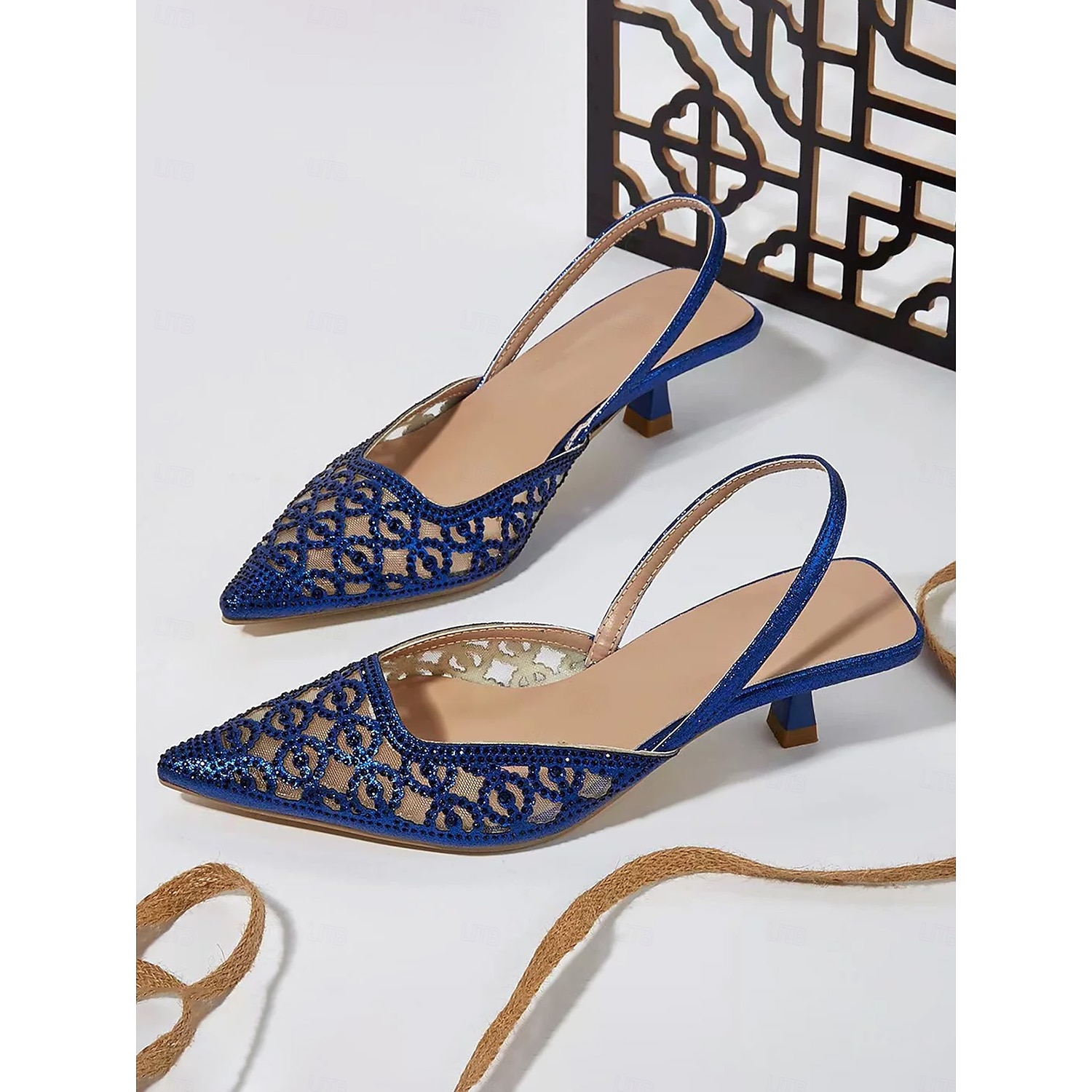Pink Glitter Mesh Slingback Heels with Cut-Out Design and Low Kitten Heels for Formal Events and wedding 2025 - Image 5