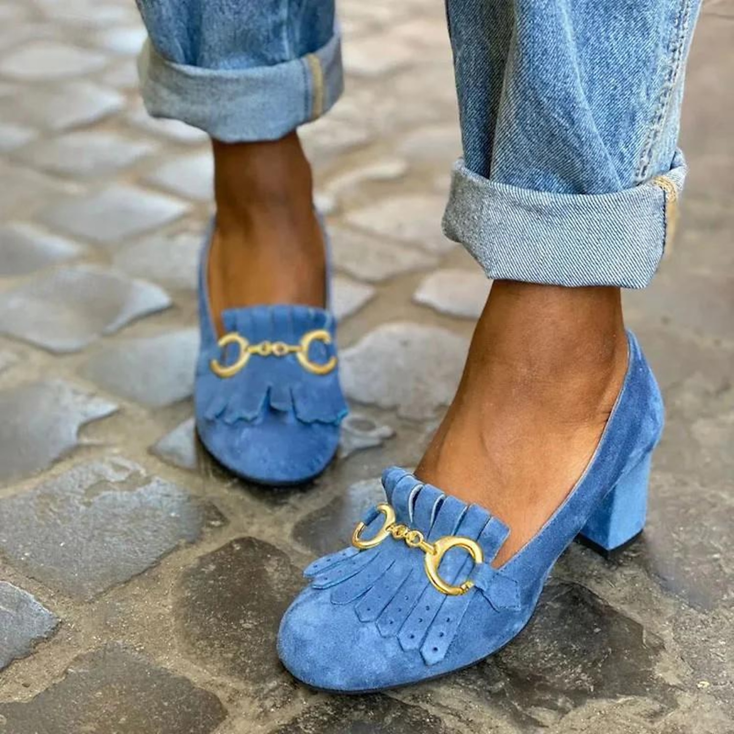 Women's Vintage Green Suede Loafers with Gold Buckle and Fringe Detailing - Block Heel Shoes for Formal and Casual Occasions 2025 - Image 2