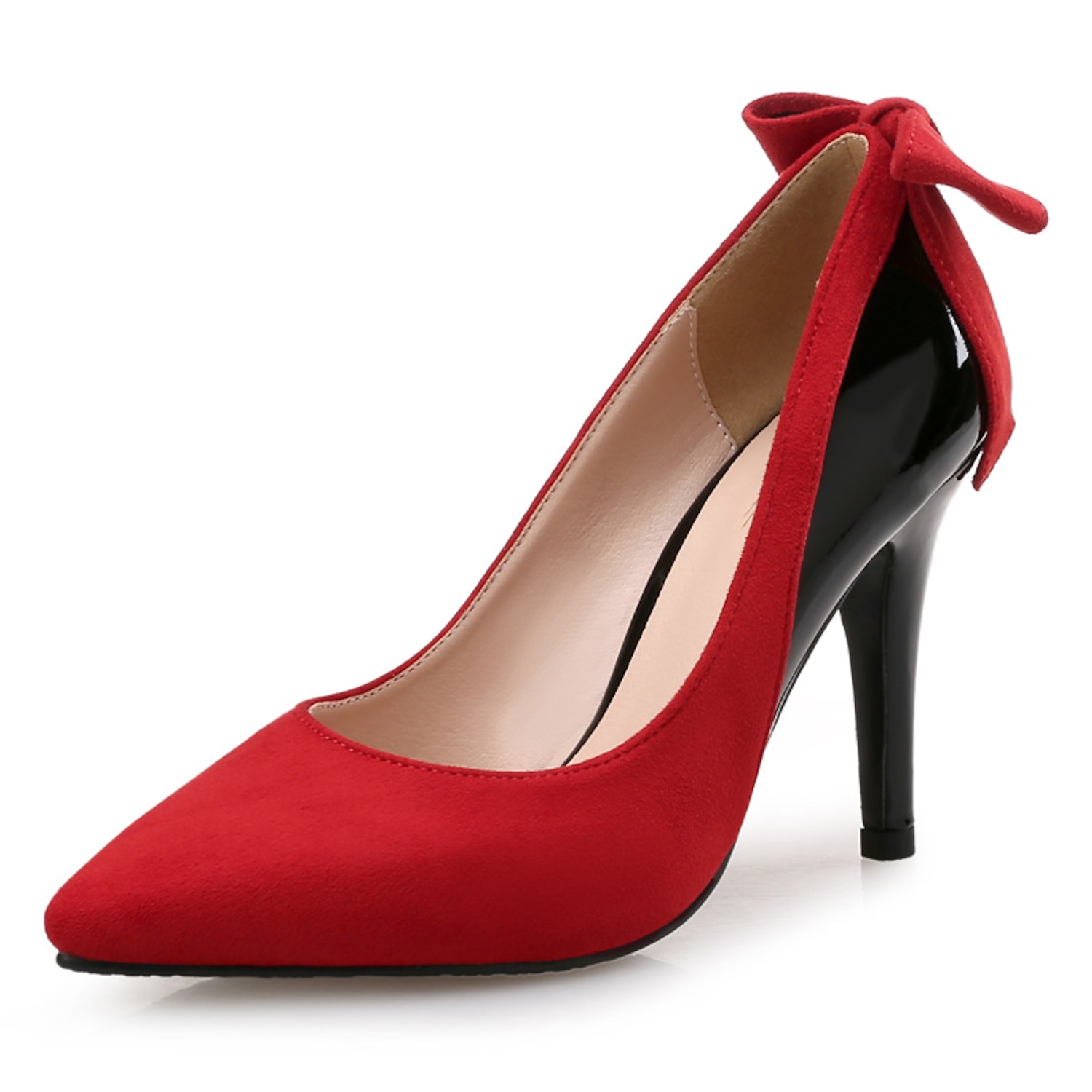 Red and Black Pointed-Toe Stiletto Heels – Elegant Suede Bow Pumps for Women, Party & Evening Wear 2025