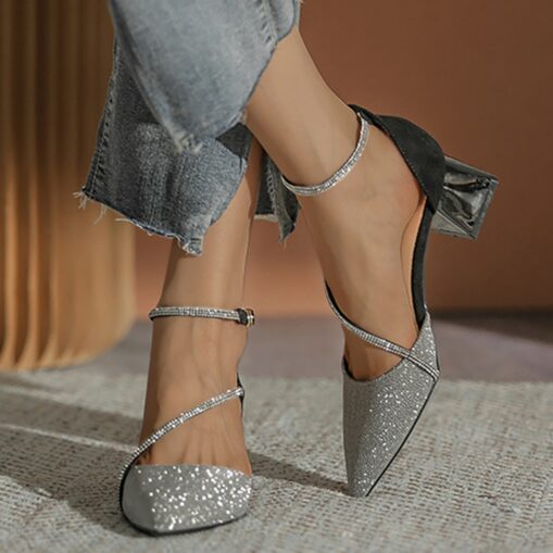 Women's Glitter Mesh Pointed Toe Block Heels with Ankle Strap – Elegant Bridal or Party Shoes 2025 - Image 2