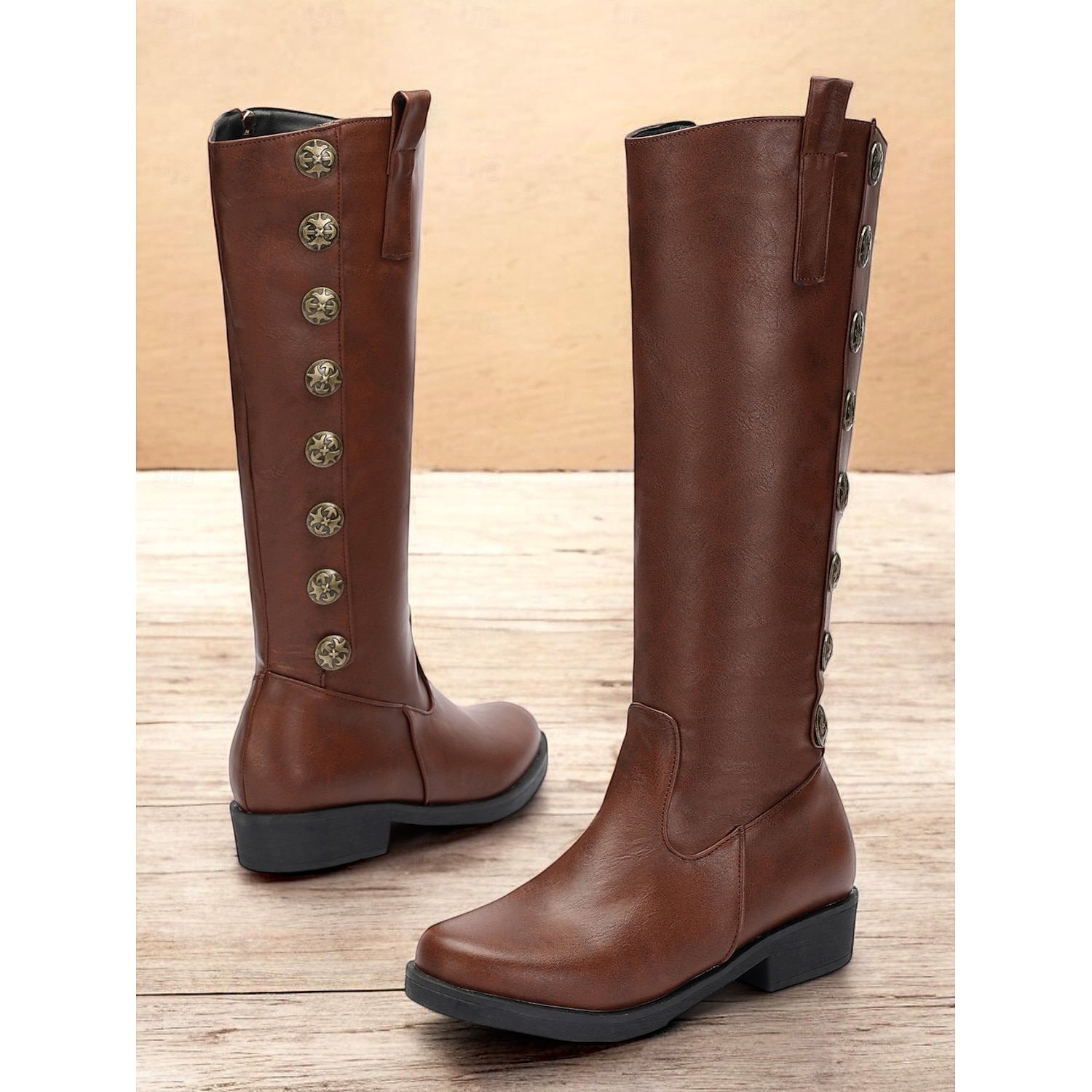Women's Vintage Brown Knee-High Boots with Decorative Buttons – Stylish Faux Leather Riding Boots for Fall and Winter 2025