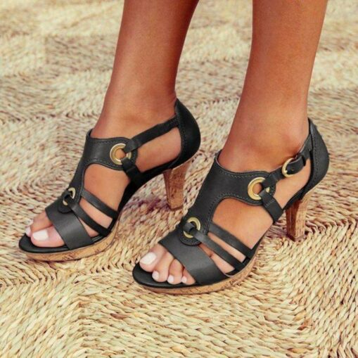 Women's Brown Strappy High Heel Sandals with Gold Ring Accents – Stylish and Comfortable for Summer Parties and Casual Outfits 2025 - Image 2