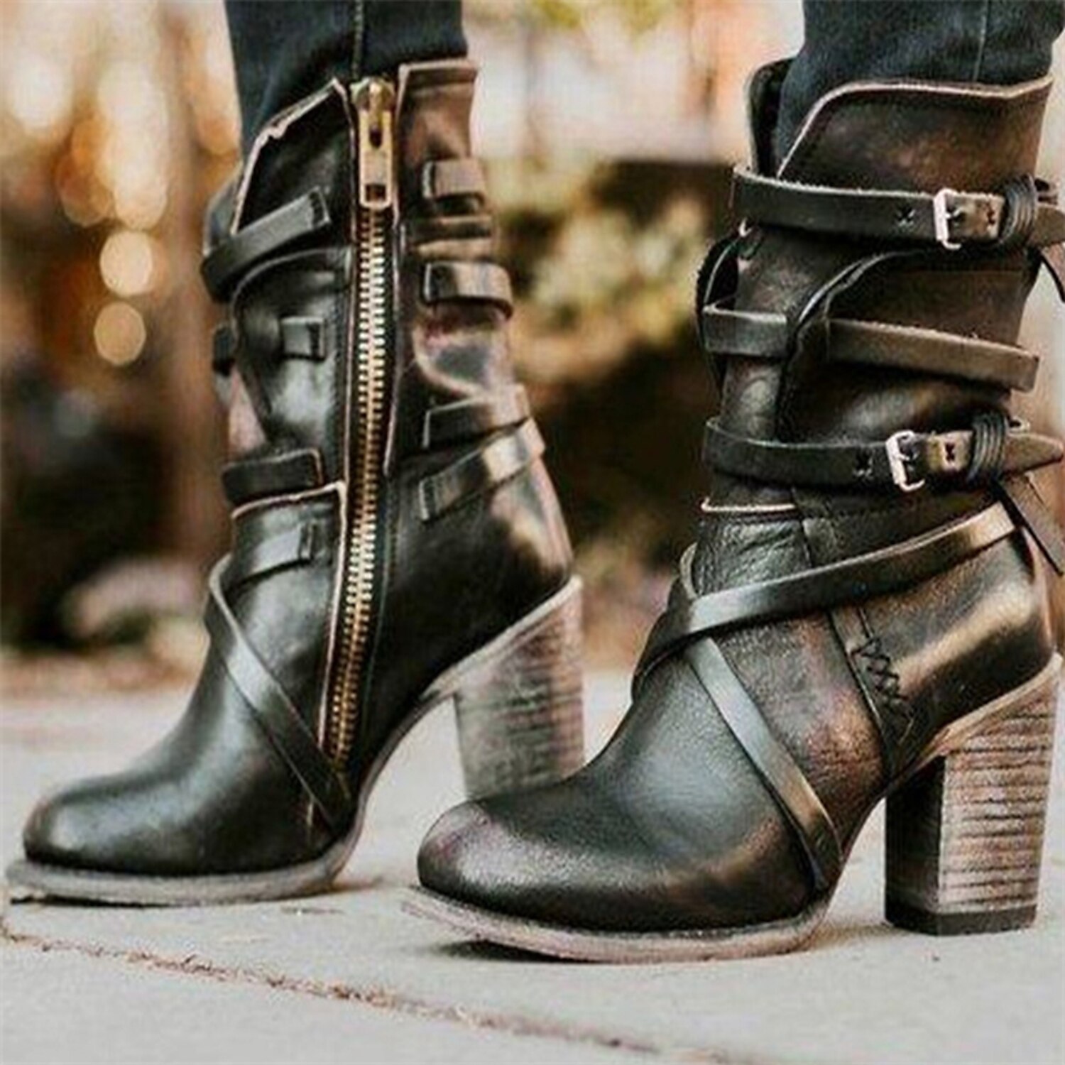 Women's Black Faux Leather Ankle Boots with Zipper and Strap Detailing, Stylish Mid-Heel Boots for Casual and Western Wear 2025