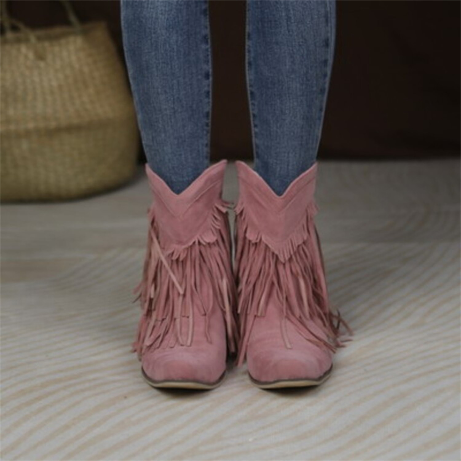 Women's Pink Suede Fringe Western Ankle Boots - Boho Chic Style for Casual Outings and Music Festivals 2025