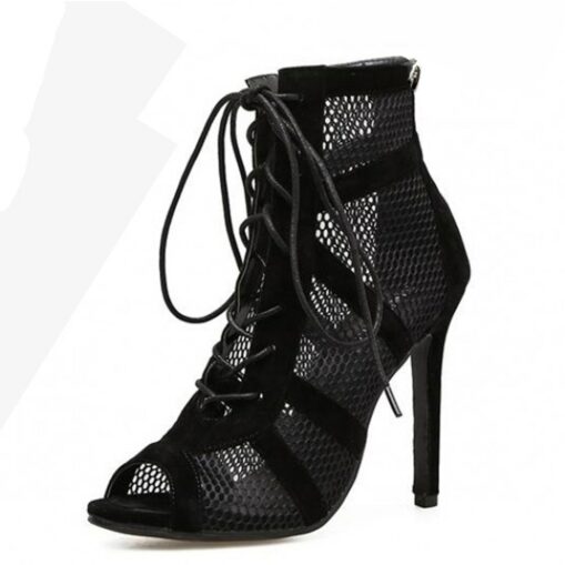 Women's Black Lace-Up Mesh Stiletto Ankle Boots - Elegant Open-Toe Heels for Parties and Evening Wear 2025