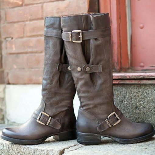 Women's Purple Faux Leather Knee-High Boots with Buckle Straps and Side Zipper, Vintage Style Motorcycle Boots for Outdoor and Casual Wear 2025 - Image 3