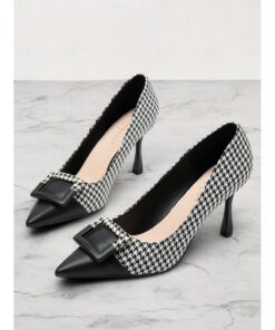 Women's Houndstooth Pointed Toe High Heels with Buckle Detail – Elegant Stiletto Pumps for Office and Formal Occasions 2025