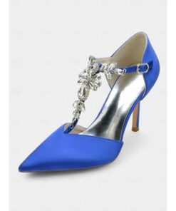 Women's Black Satin T-Strap Heels with Rhinestone Embellishments – Elegant Pointed-Toe Pumps for Weddings and Evening Parties 2025