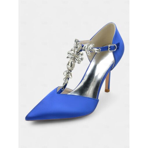 Women's Black Satin T-Strap Heels with Rhinestone Embellishments – Elegant Pointed-Toe Pumps for Weddings and Evening Parties 2025