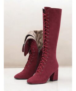 Women's Red Knee-High Lace-Up Boots with Block Heels & Plush Lining – Warm Winter Fashion Boots for Casual and Dressy Outfits 2025