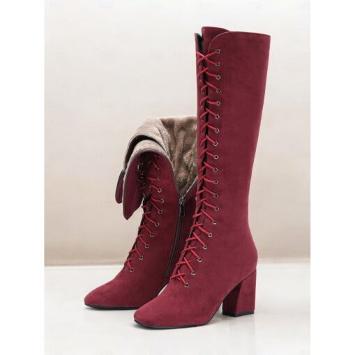 Women's Red Knee-High Lace-Up Boots with Block Heels & Plush Lining – Warm Winter Fashion Boots for Casual and Dressy Outfits 2025