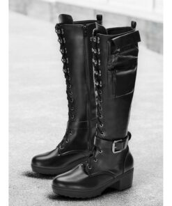 Women's Black Combat Boots with Side Pockets – Chunky Heel Lace-Up Motorcycle Boots with Buckle Strap, Perfect for Outdoor Adventures and Street Style