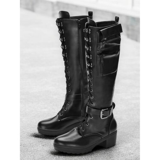 Women's Black Combat Boots with Side Pockets – Chunky Heel Lace-Up Motorcycle Boots with Buckle Strap, Perfect for Outdoor Adventures and Street Style