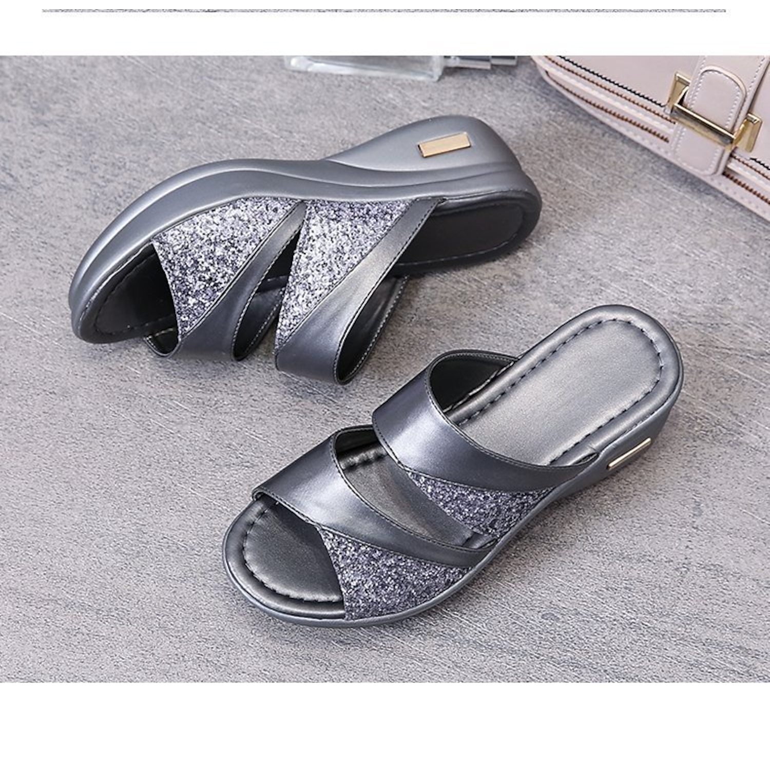 Women's Glitter Wedge Sandals - Gold Slip-On Platform Shoes with Comfortable Sole for Casual and Party Wear 2025 - Image 2