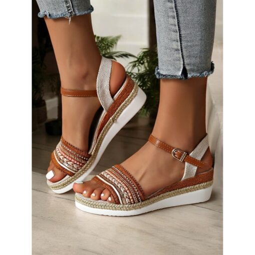 Women's Boho Platform Sandals with Braided Straps and Rhinestone Accents - Comfortable Summer Wedge Shoes for Casual Outings 2025 - Image 6